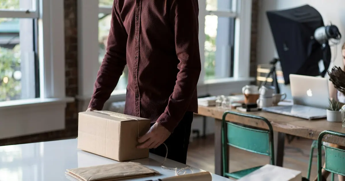 Online store owner packing a customer order beside a laptop, illustrating a high risk merchant account Shopify sellers use for card payments