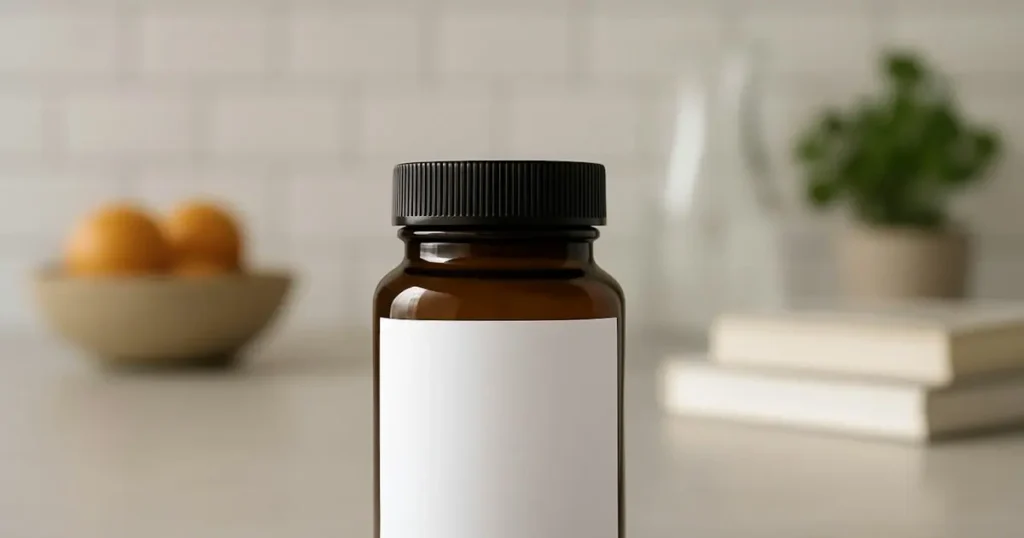 Amber supplement bottle with a blank label on a kitchen counter, illustrating a merchant account for a supplement business