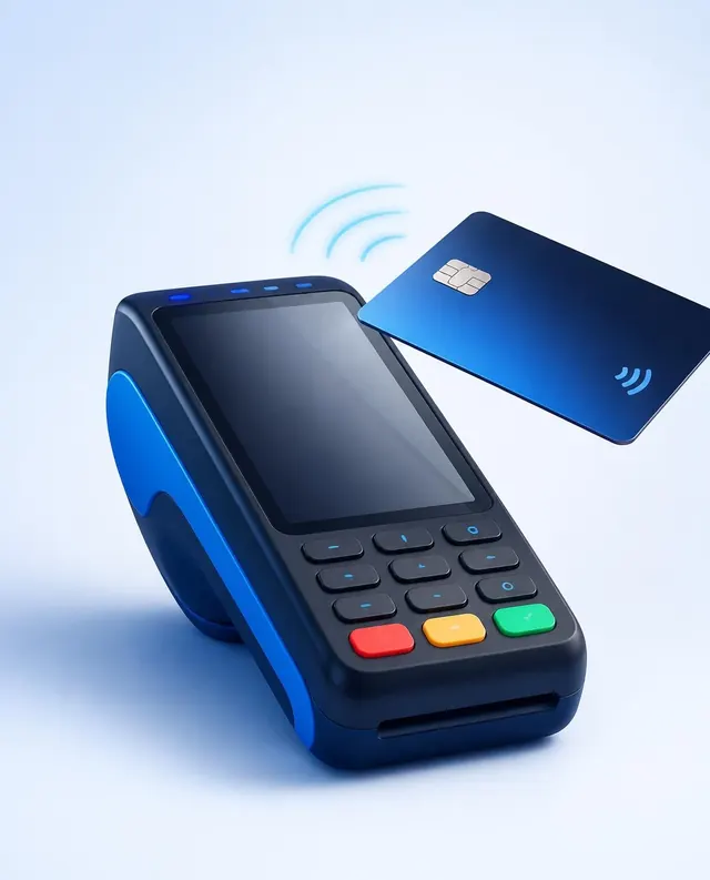 Modern card payment terminal with a contactless card tap